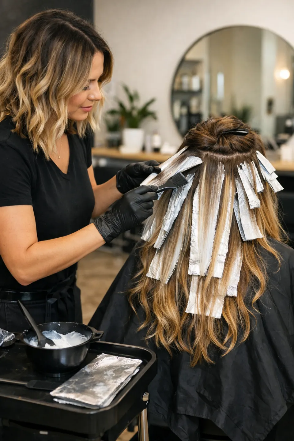 Stylist painting balayage highlights on long blonde hair at Hair by Feree in Duluth, GA