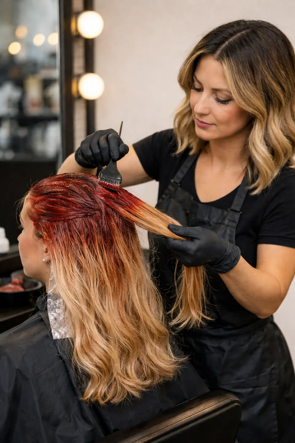 Custom hair color being applied at the roots at Hair by Feree salon in Duluth